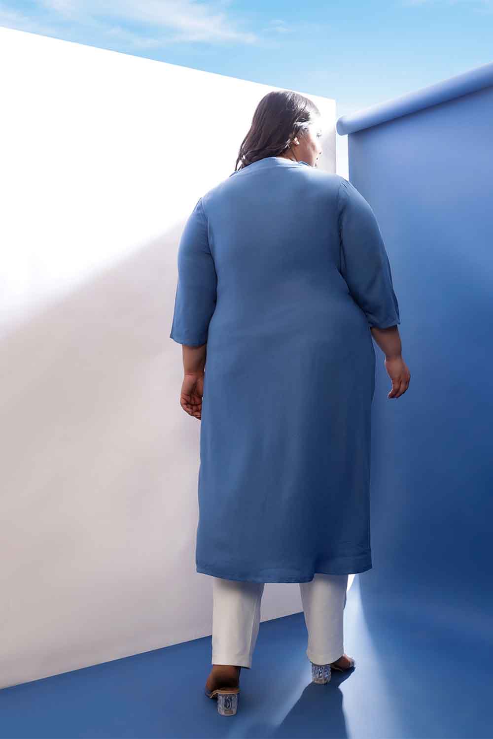 Plus Size Blue Rayon Twill V Neck Kurta