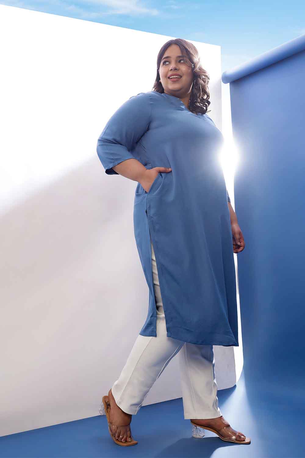 Plus Size Plus Size Blue Rayon Twill V Neck Kurta
