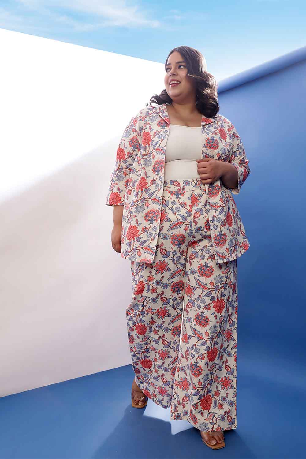 Plus Size Floral Printed Cotton Linen Shirt Coord Set