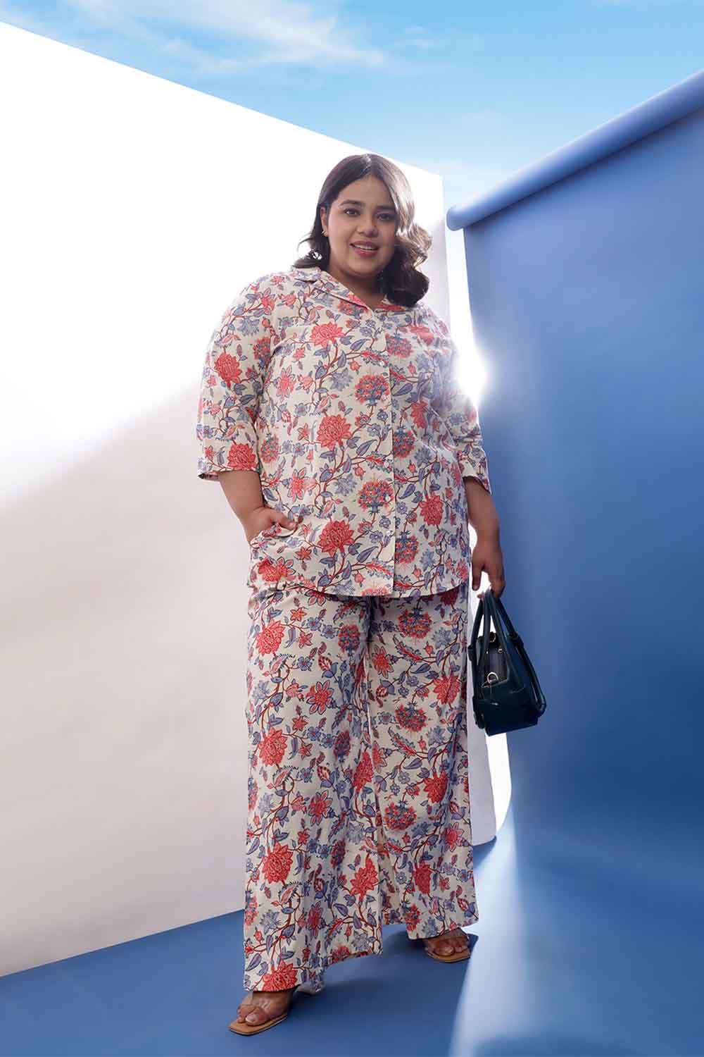 Plus Size Plus Size Floral Printed Cotton Linen Shirt Coord Set