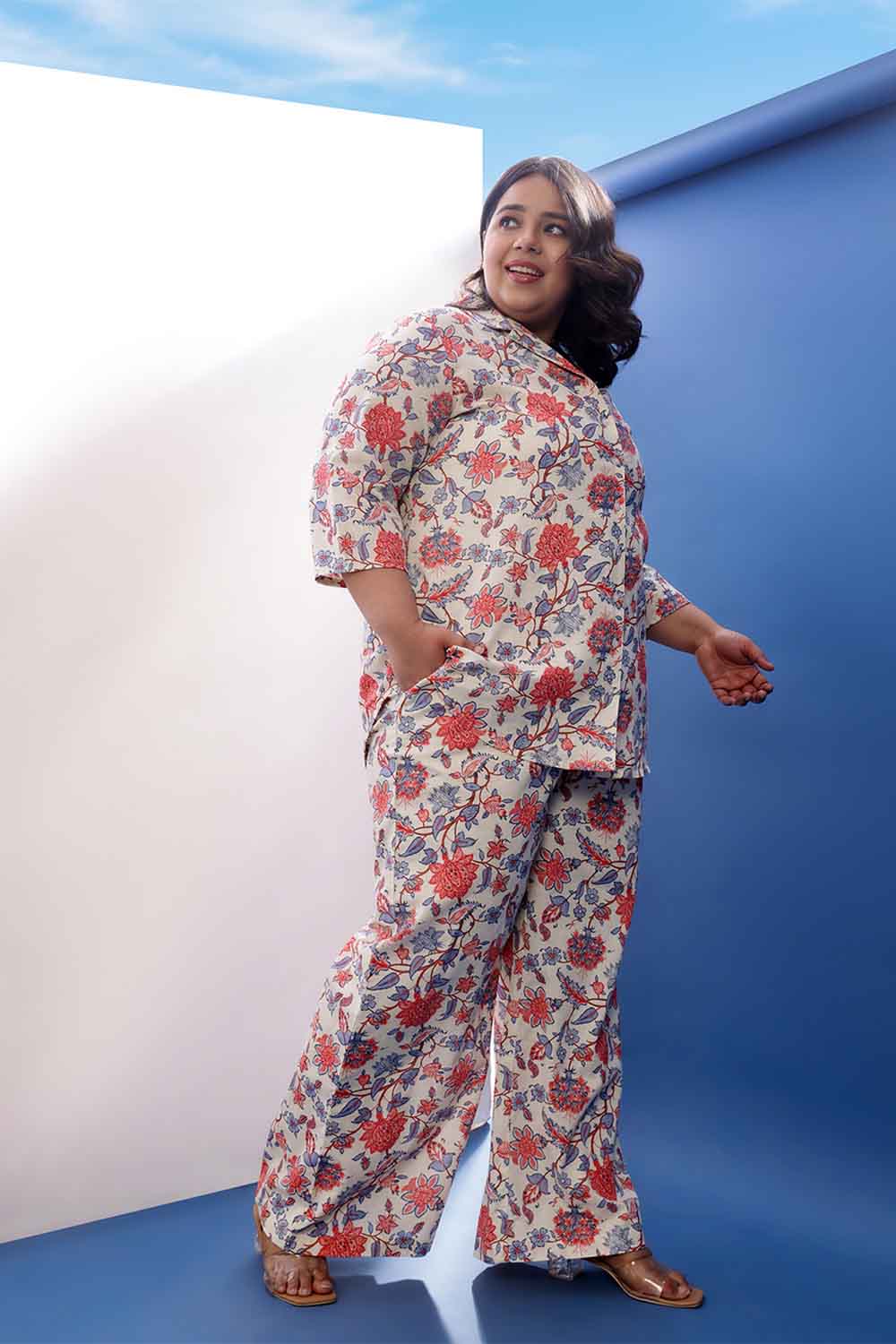 Plus Size Floral Printed Cotton Linen Shirt Coord Set for Women
