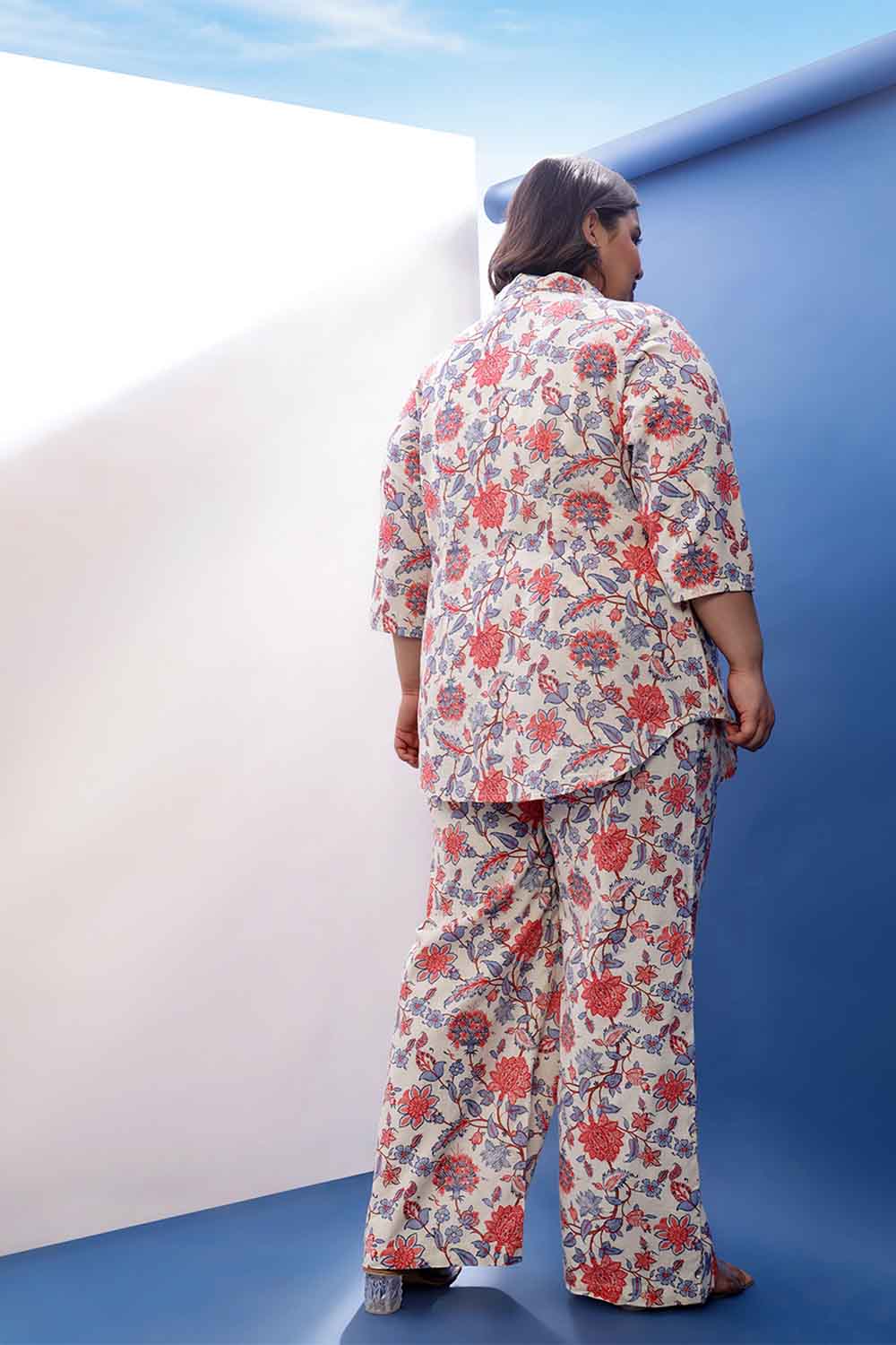 Comfortable Plus Size Floral Printed Cotton Linen Shirt Coord Set