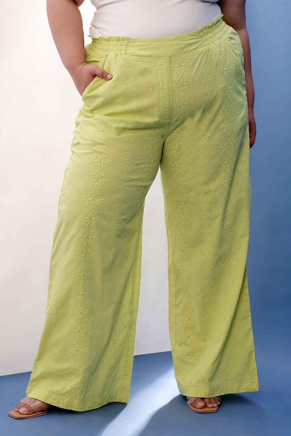 Plus Size Lime Green Cotton Schiffli Shirt Coord Set
