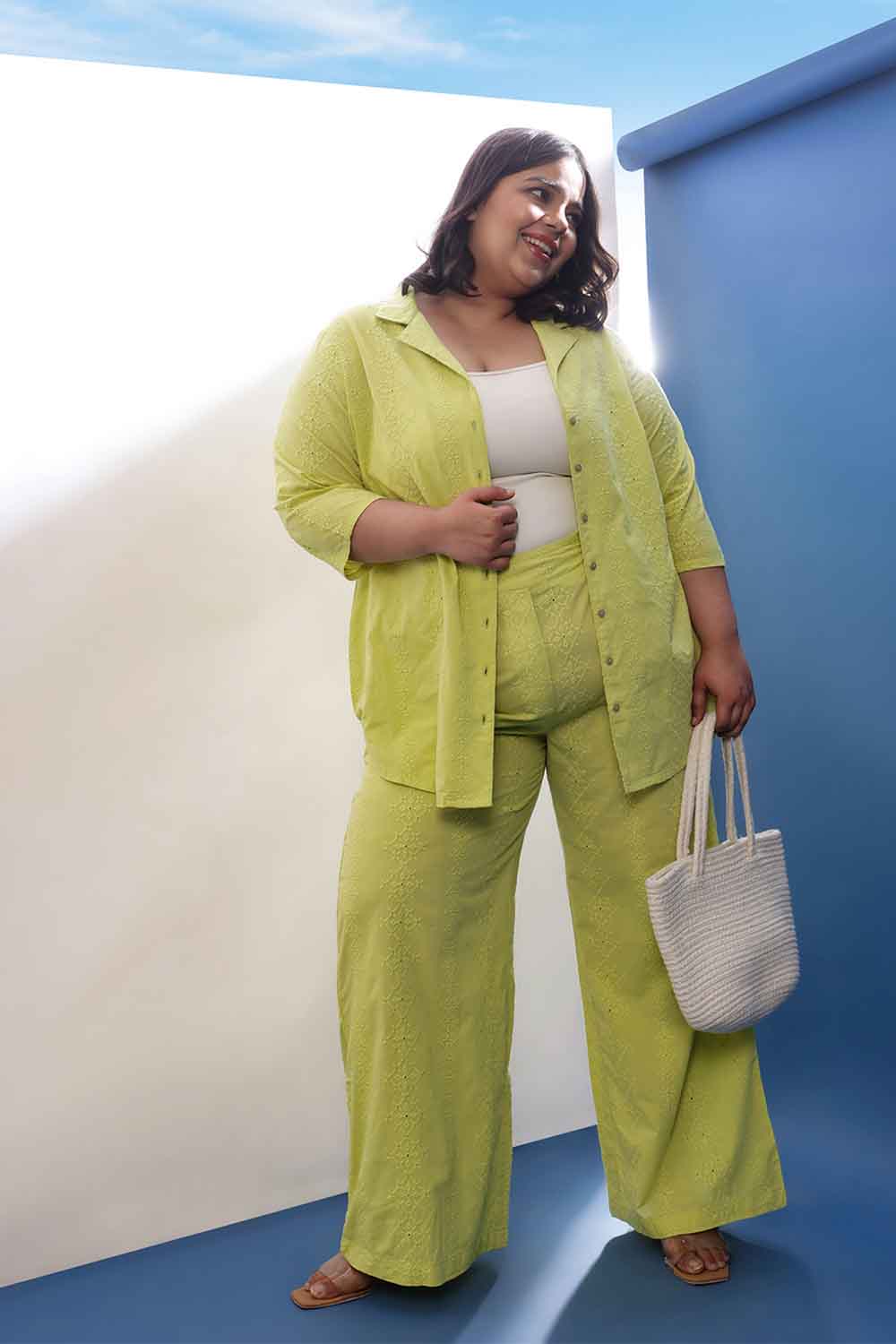 Plus Size Lime Green Cotton Schiffli Shirt Coord Set