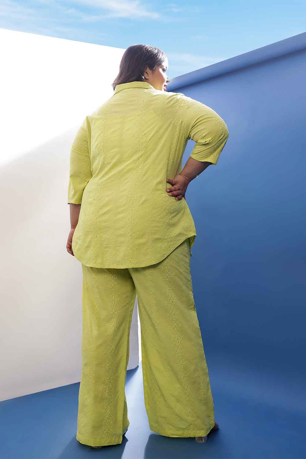 Comfortable Plus Size Lime Green Cotton Schiffli Shirt Coord Set