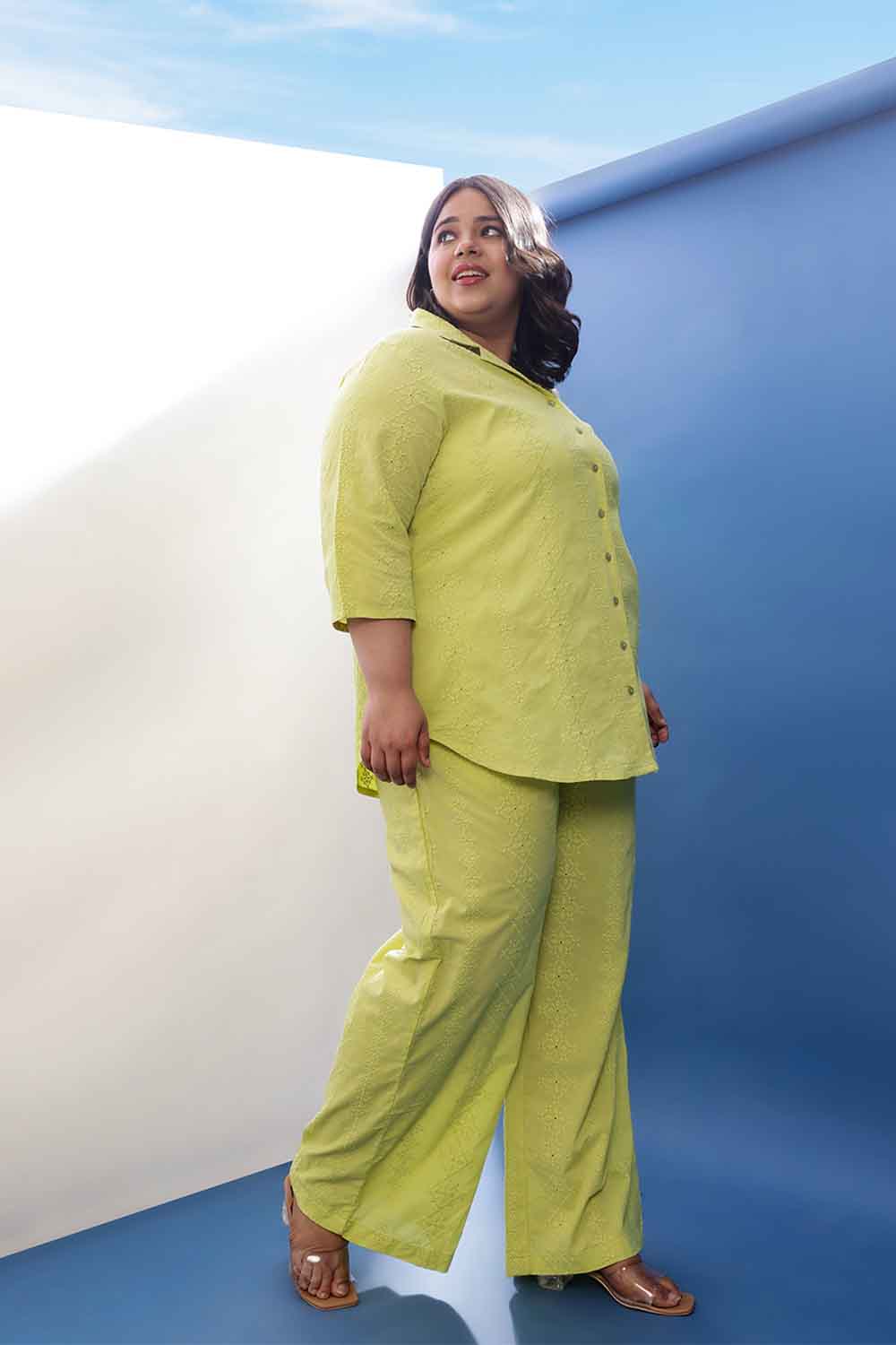 Plus Size Plus Size Lime Green Cotton Schiffli Shirt Coord Set