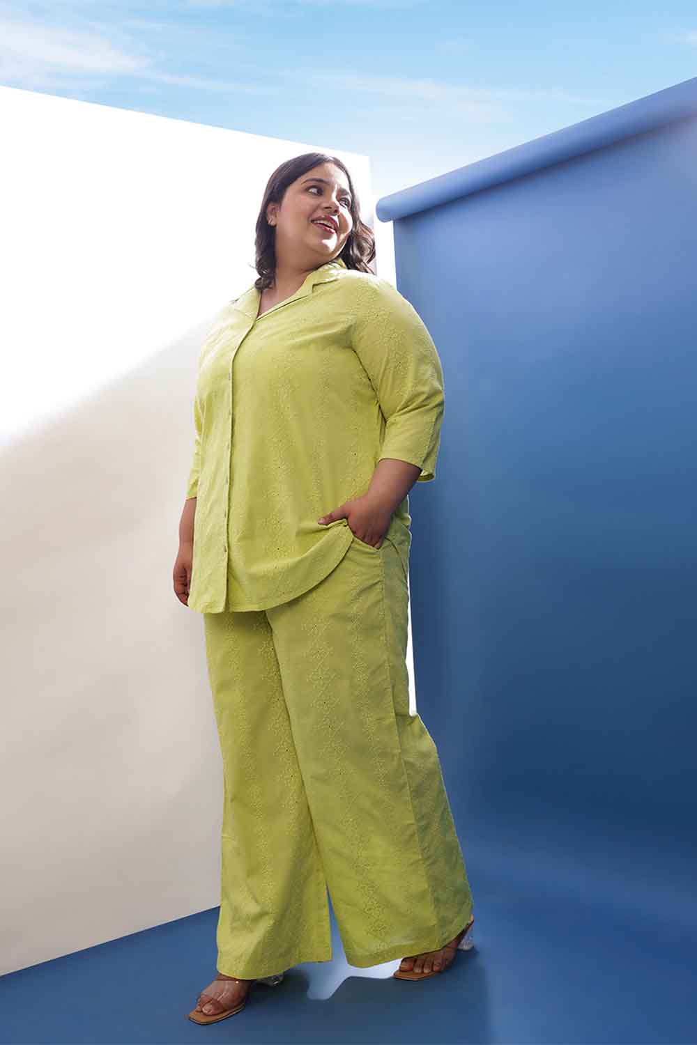 Plus Size Lime Green Cotton Schiffli Shirt Coord Set for Women