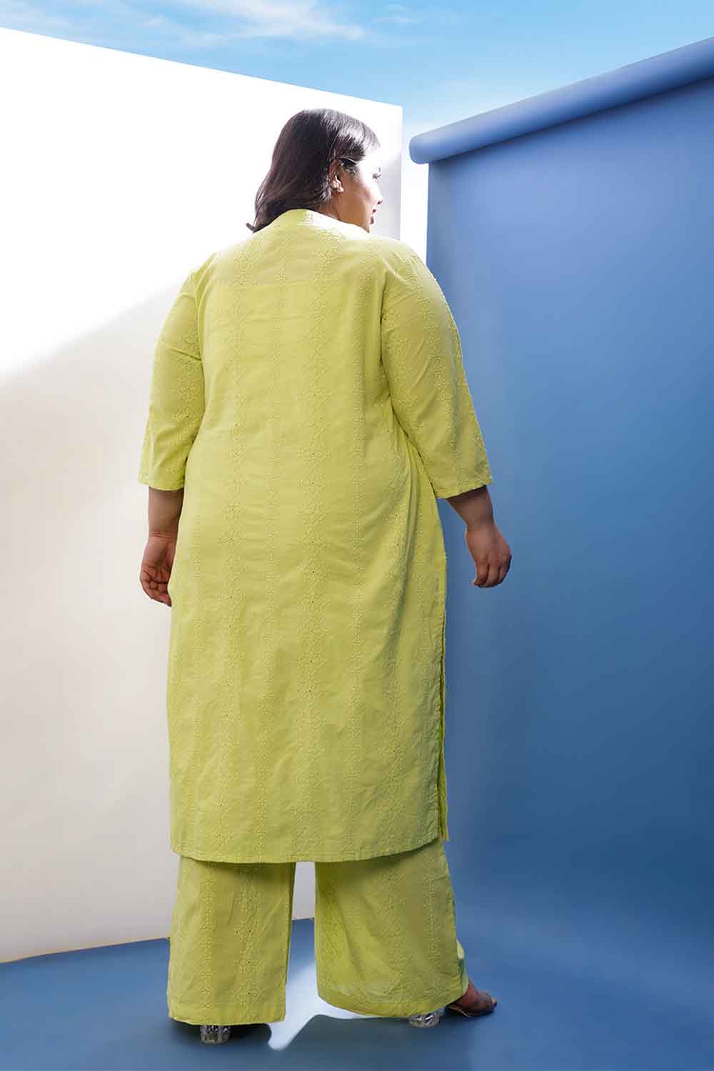 Plus Size Lime Green Cotton Schiffli V Neck Kurta Coord Set for Women