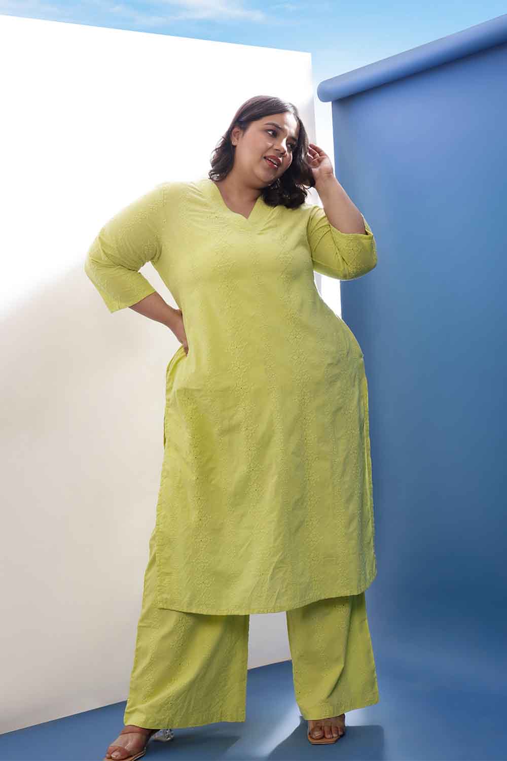 Plus Size Lime Green Cotton Schiffli V Neck Kurta Coord Set