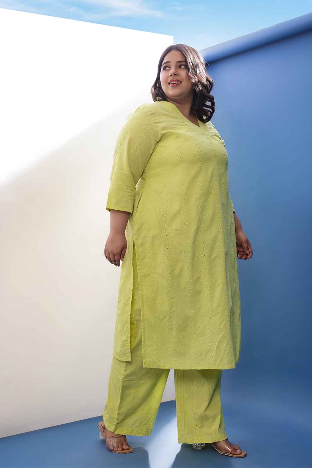Buy Plus Size Lime Green Cotton Schiffli V Neck Kurta Coord Set