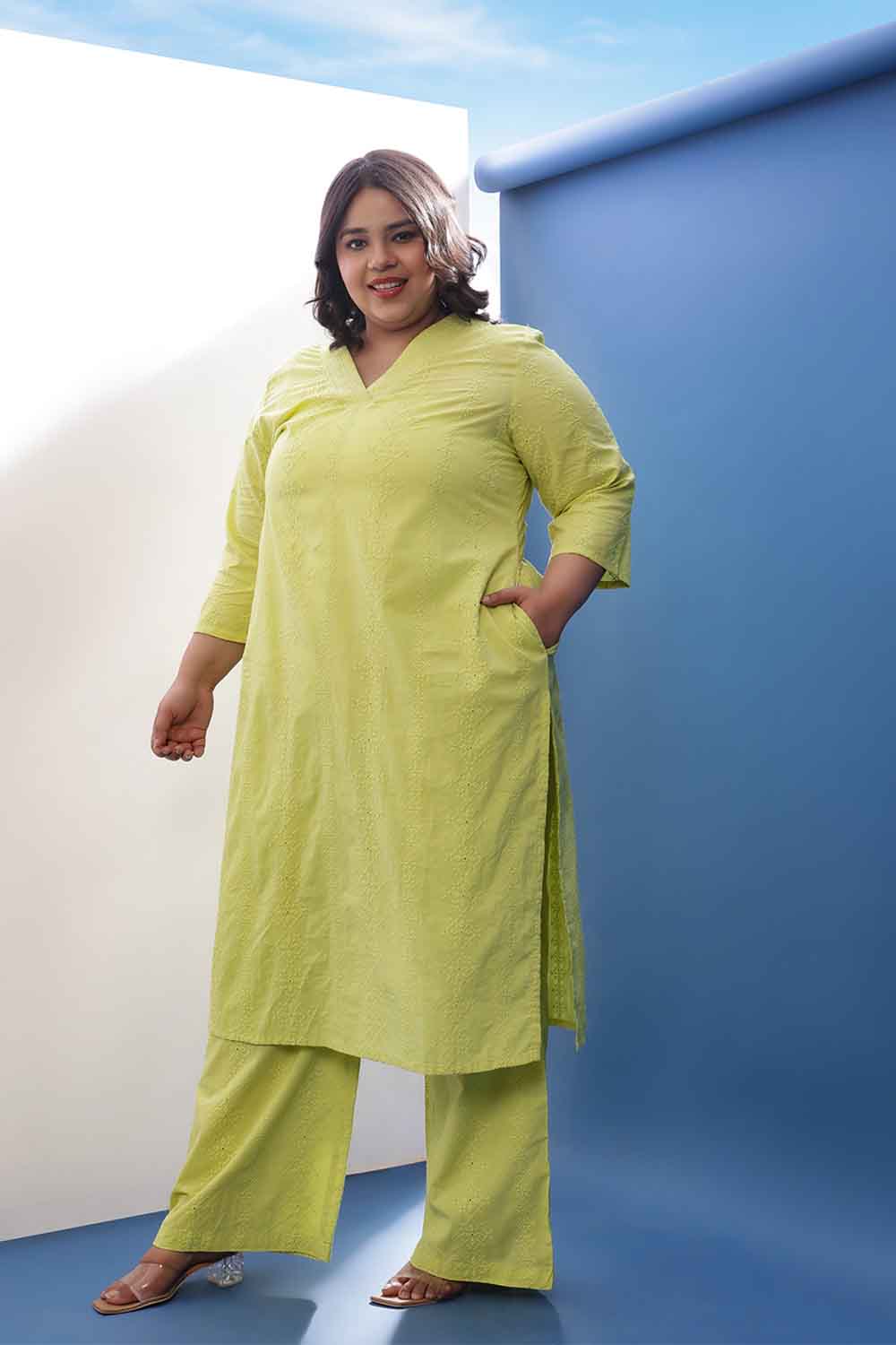 Plus Size Plus Size Lime Green Cotton Schiffli V Neck Kurta Coord Set