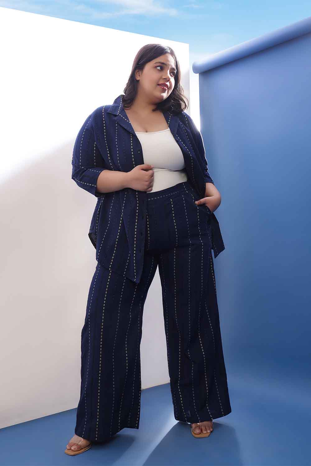 Plus Size Blue Weave Work Cotton Shirt Coord Set