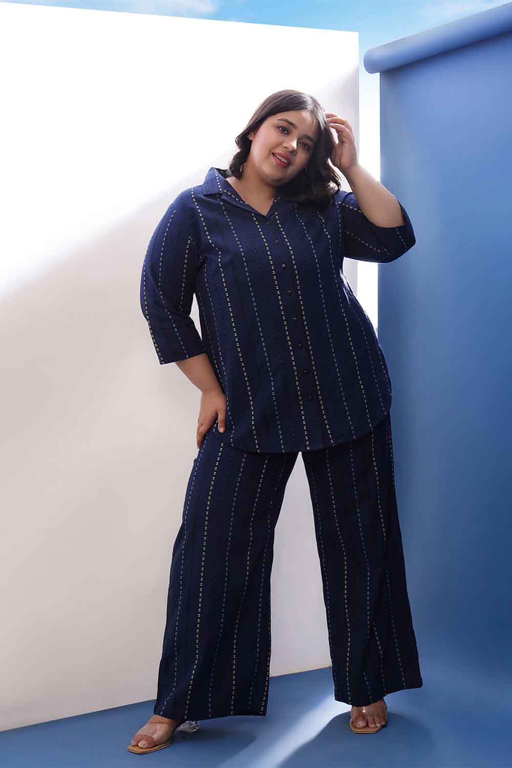 Plus Size Blue Weave Work Cotton Shirt Coord Set