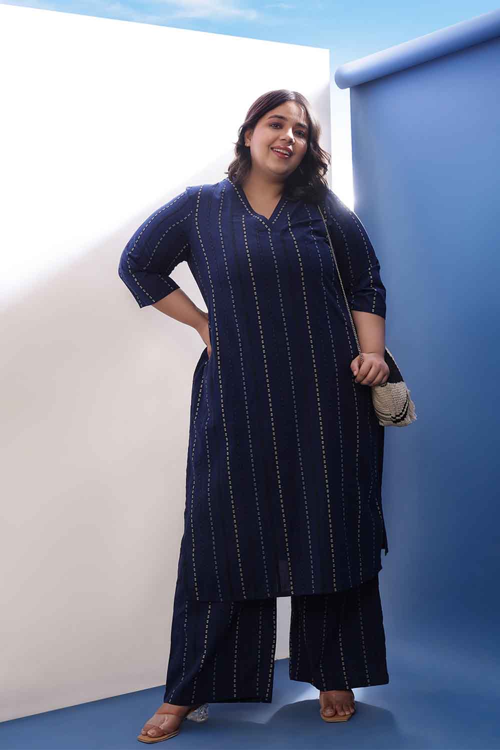 Plus Size Blue Weave Work Cotton Kurta Coord Set
