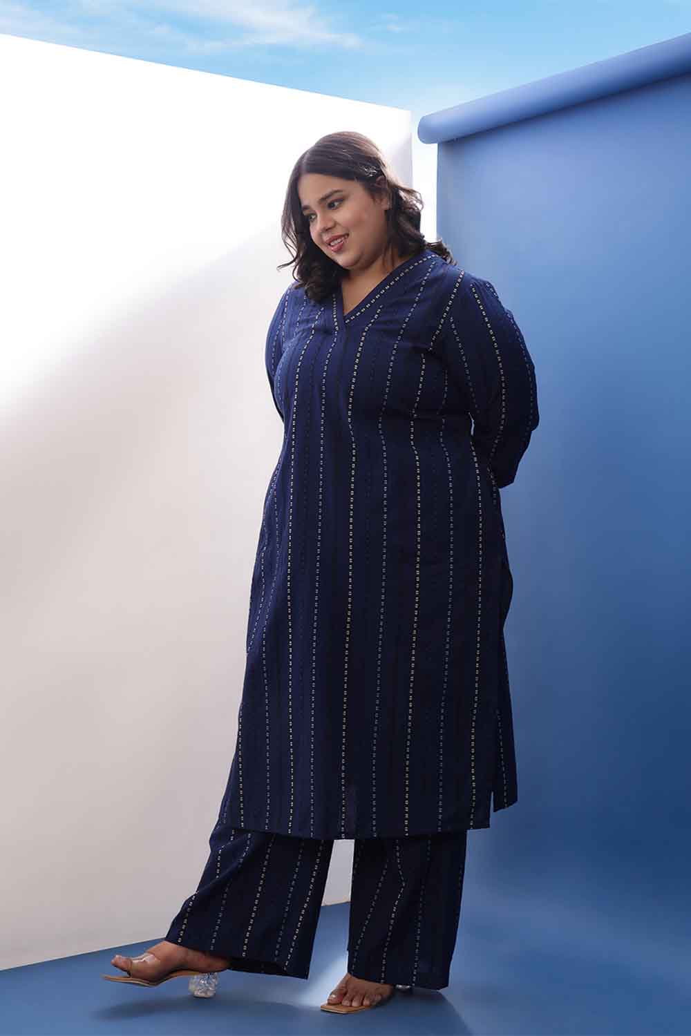 Plus Size Blue Weave Work Cotton Kurta Coord Set