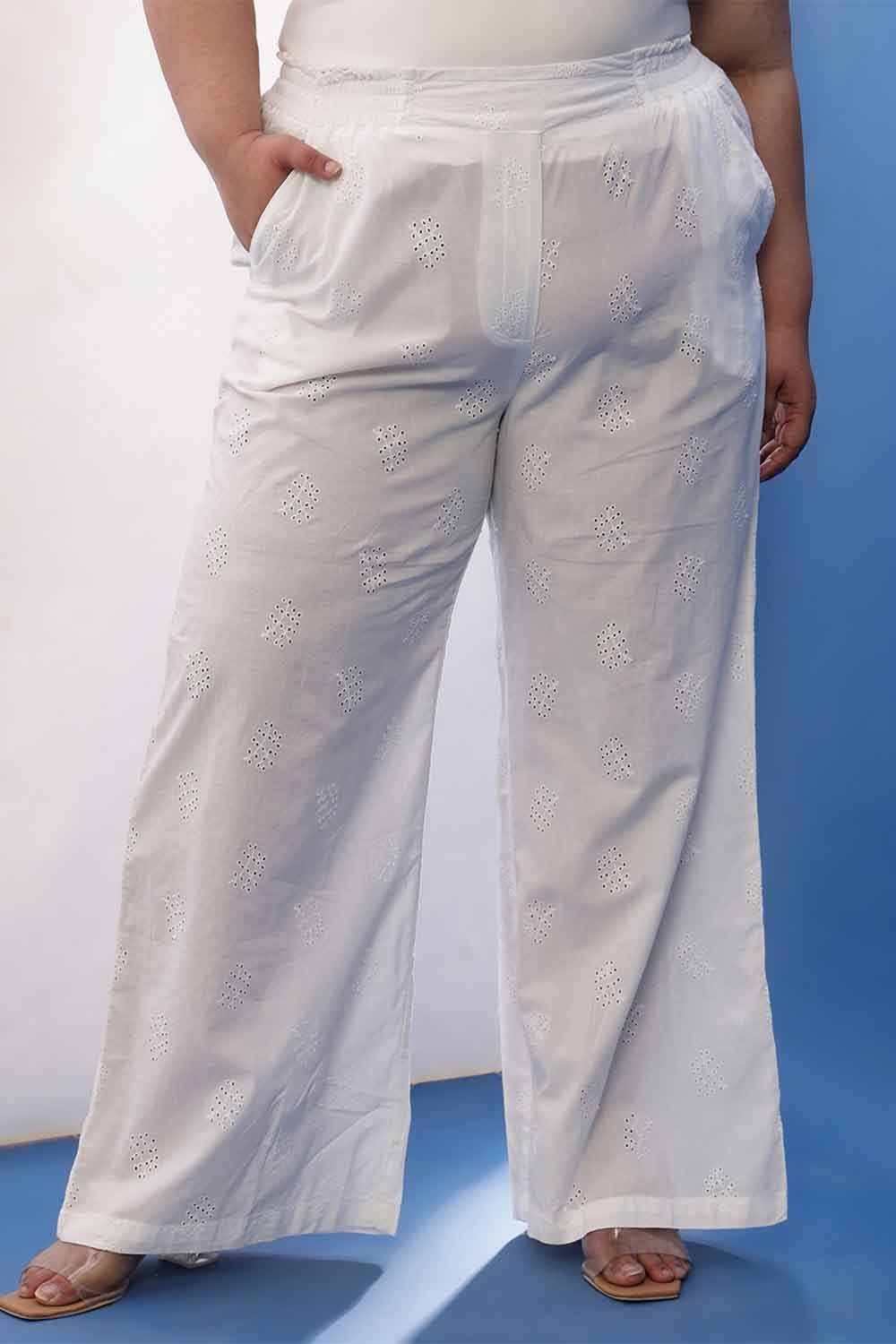 Plus Size White Cotton Schiffli Shirt Coord Set