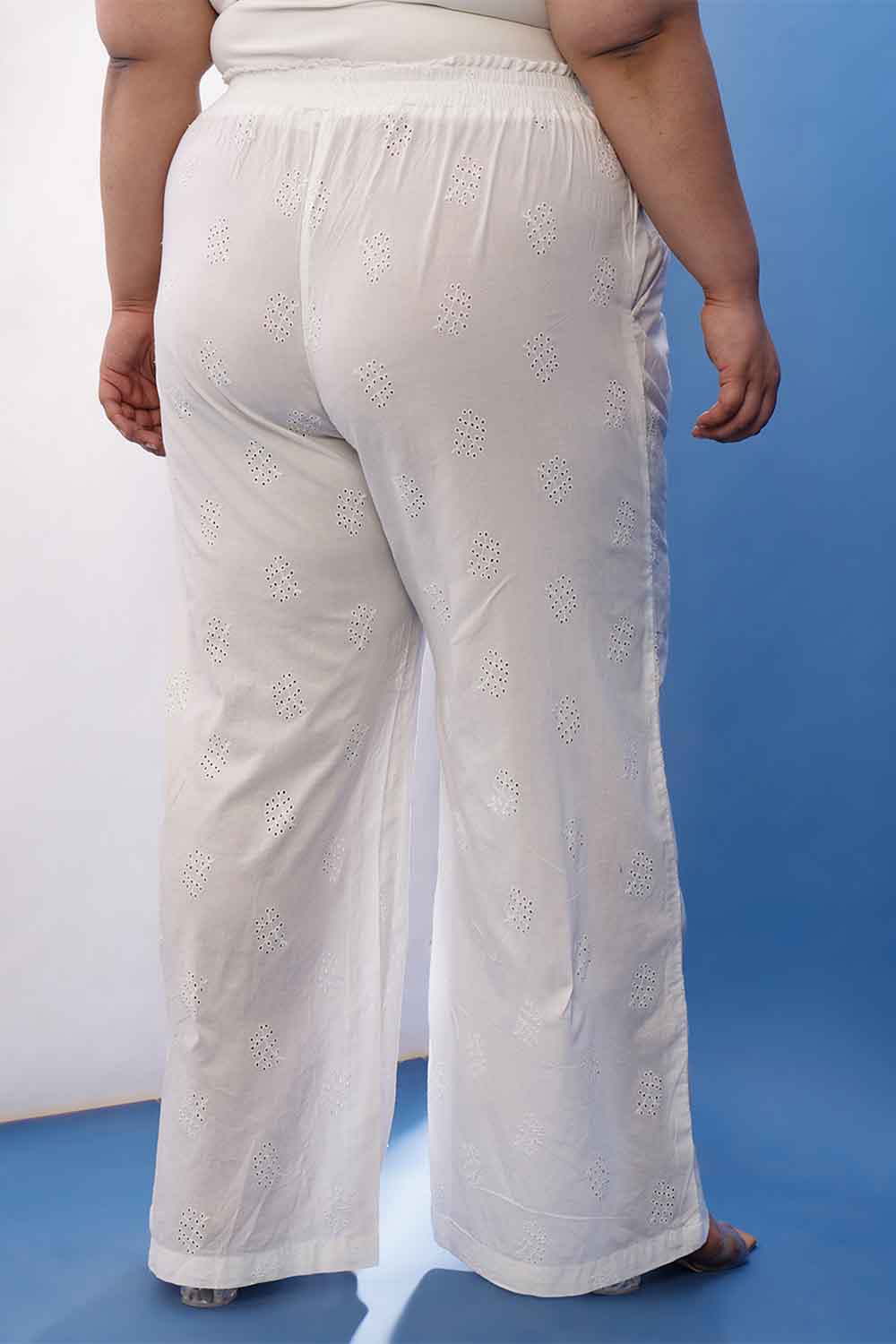 Plus Size White Cotton Schiffli Shirt Coord Set