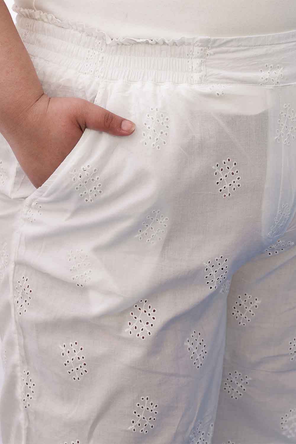 Plus Size White Cotton Schiffli Shirt Coord Set