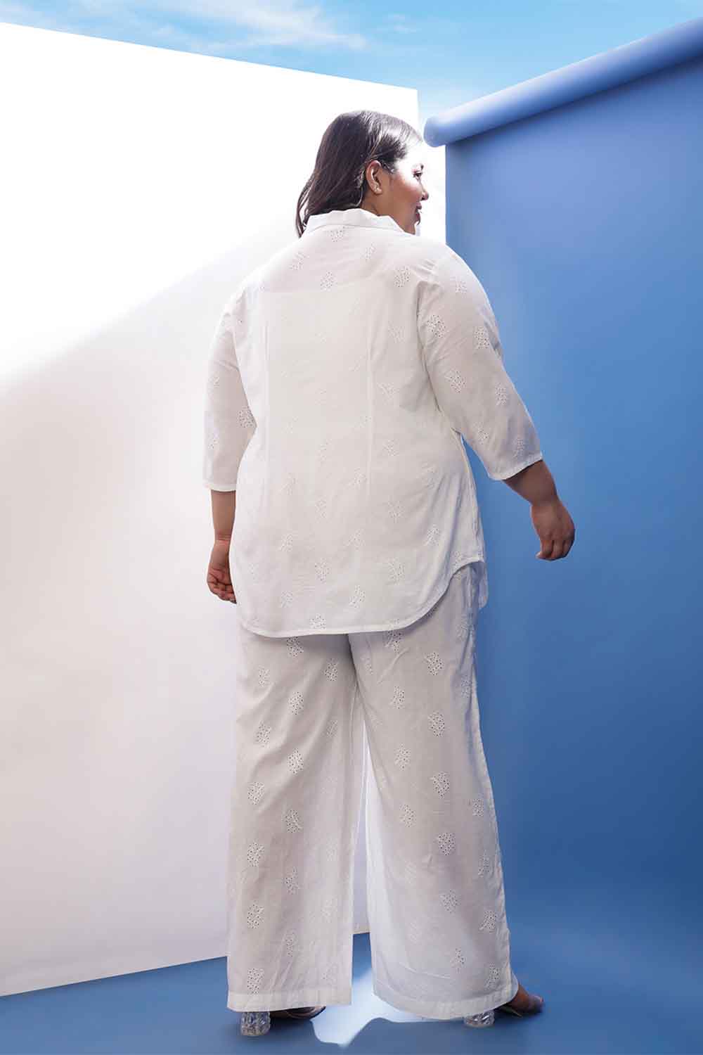 Comfortable Plus Size White Cotton Schiffli Shirt Coord Set