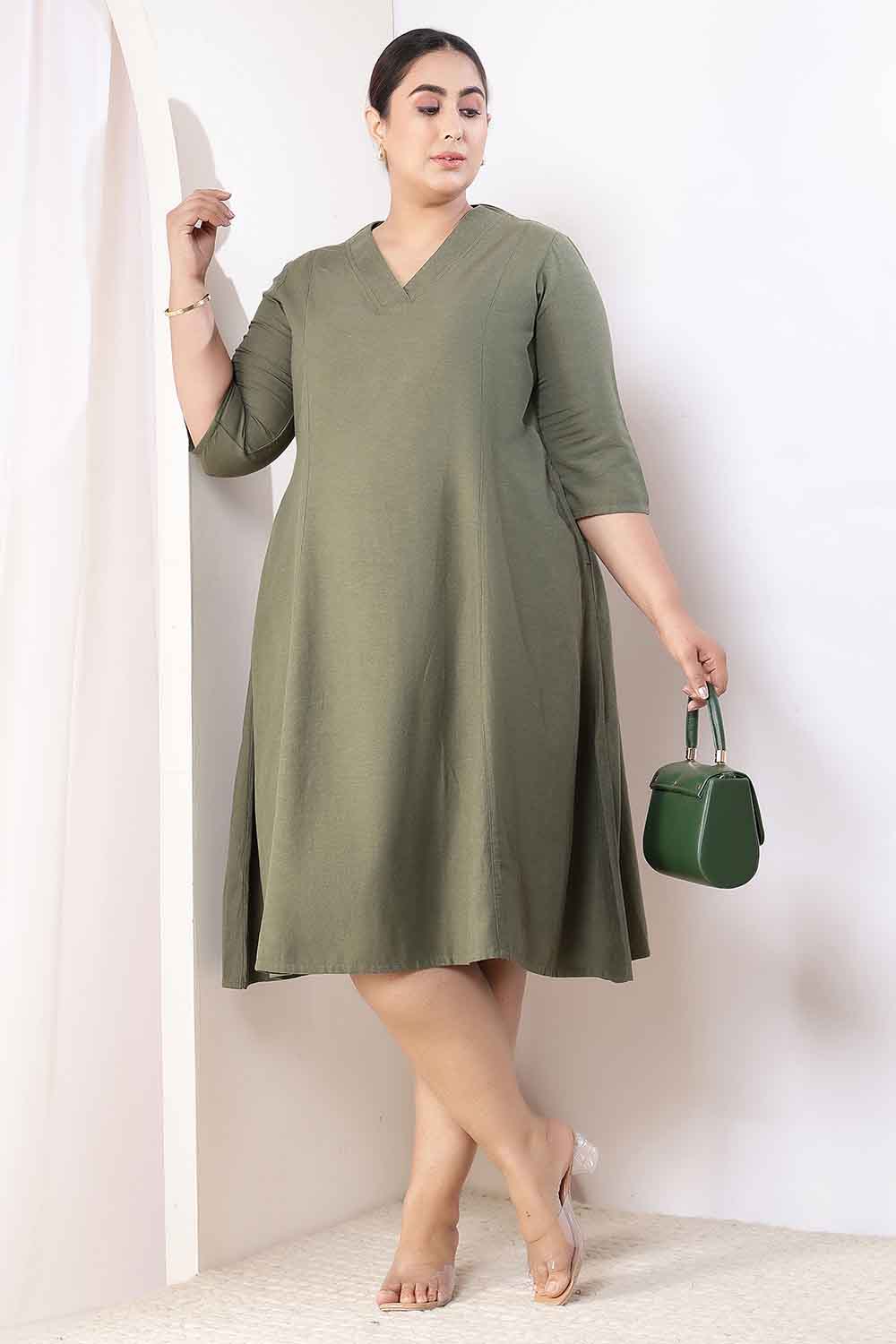 Plus Size Olive Green Cotton Linen Midi Dress Plus Size Olive Green Cotton Linen Midi Dress