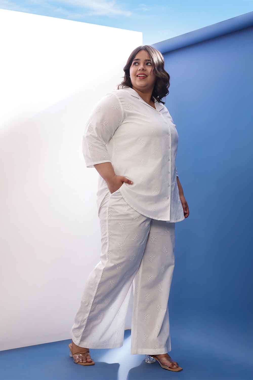 Plus Size White Cotton Schiffli Shirt Coord Set for Women