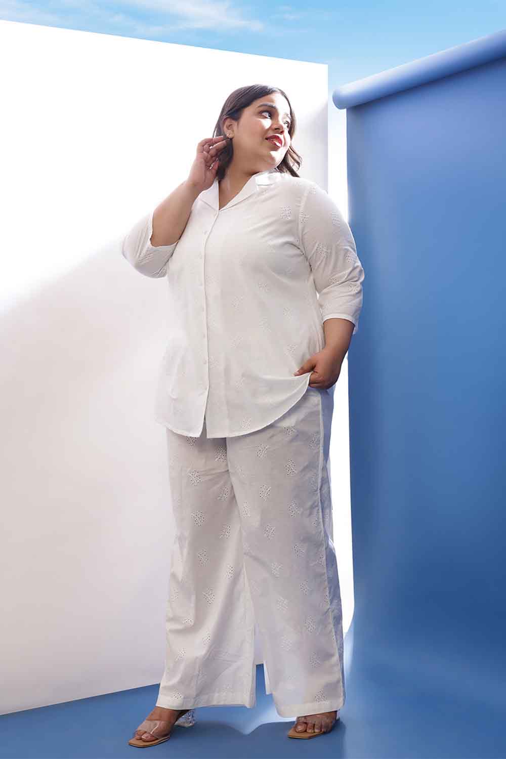 Plus Size Plus Size White Cotton Schiffli Shirt Coord Set