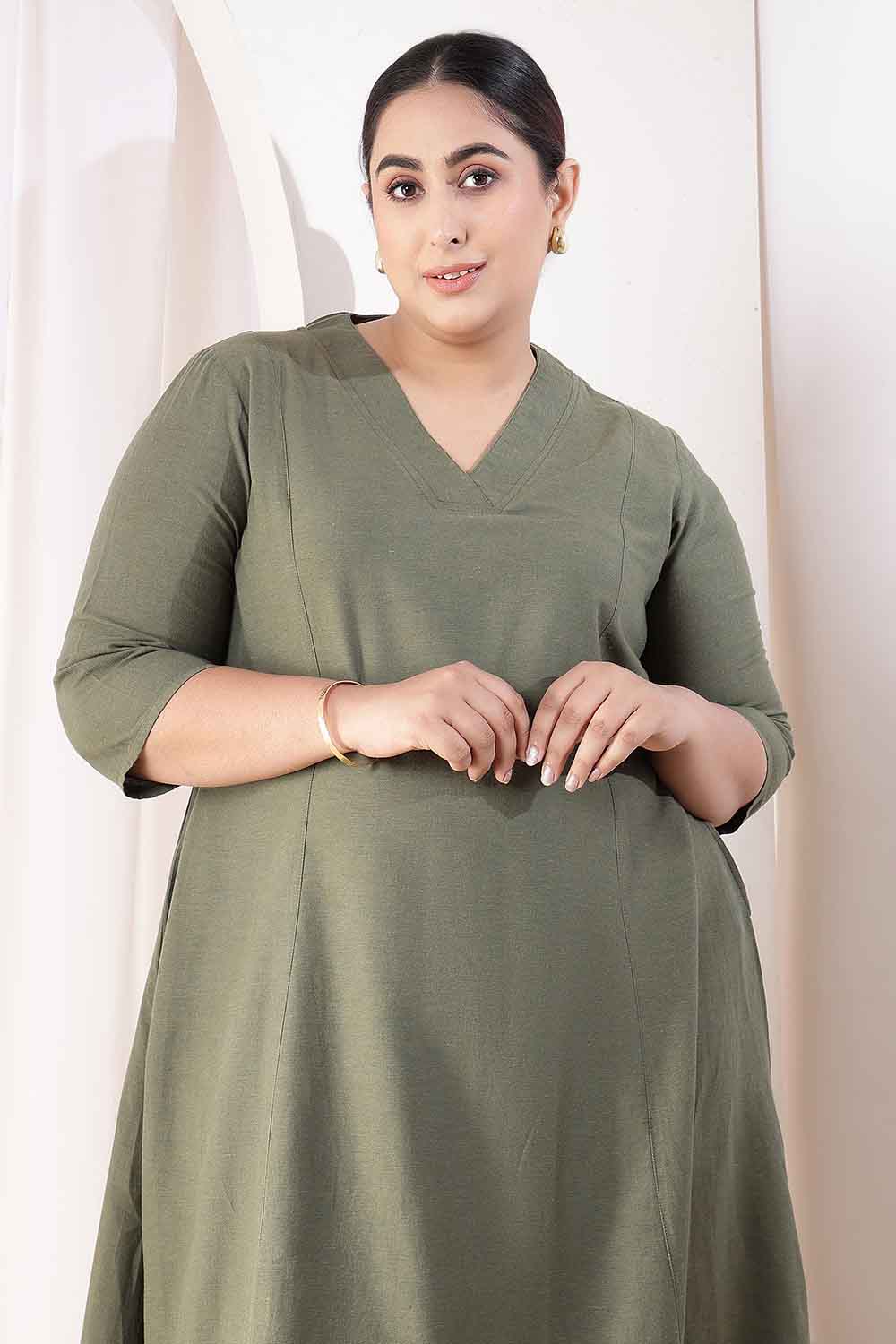 Plus Size Olive Green Cotton Linen Midi Dress