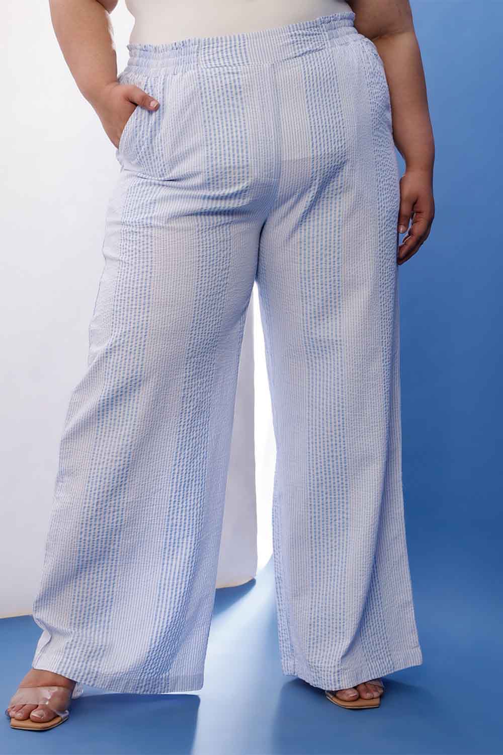 Plus Size Light Blue Striped Cotton Shirt Coord Set