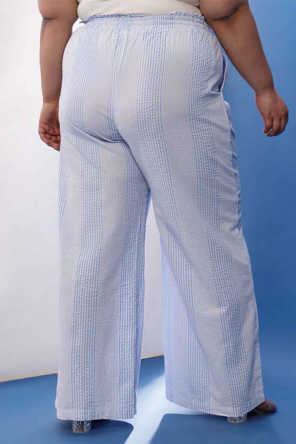 Plus Size Light Blue Striped Cotton Shirt Coord Set