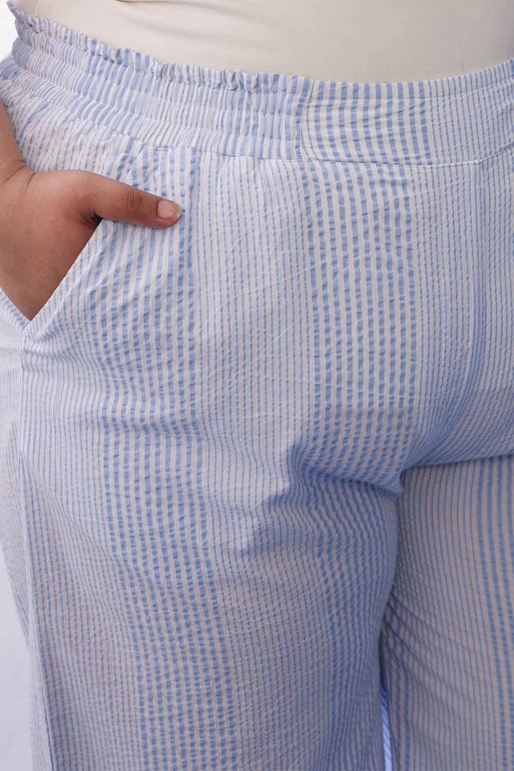 Plus Size Light Blue Striped Cotton Shirt Coord Set