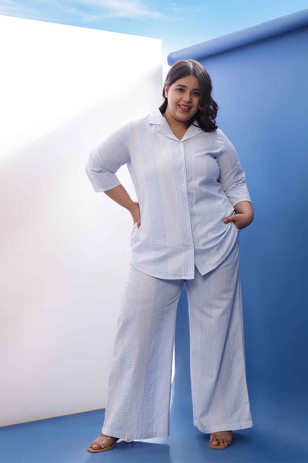 Buy Plus Size Light Blue Striped Cotton Shirt Coord Set