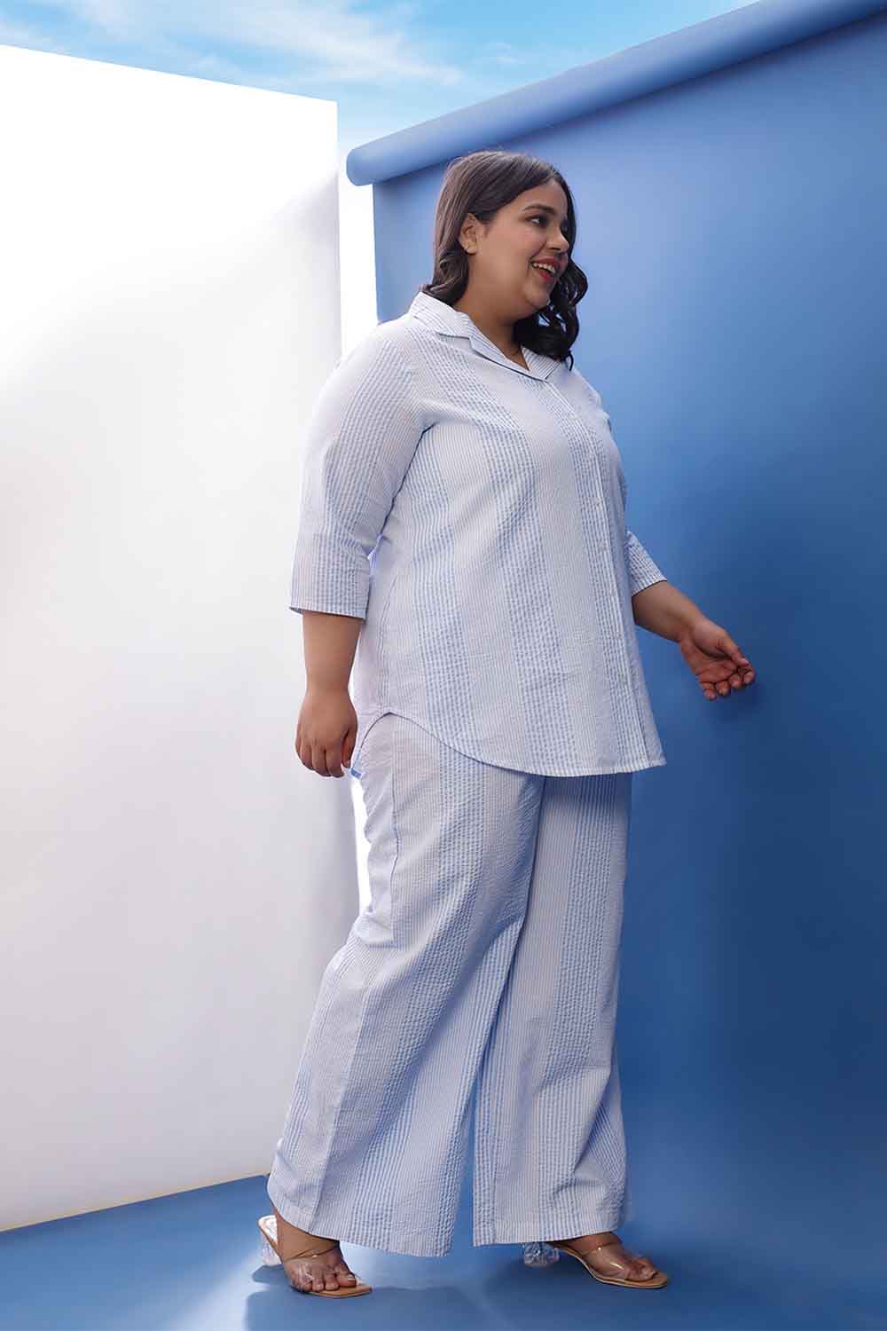 Plus Size Light Blue Striped Cotton Shirt Coord Set for Women