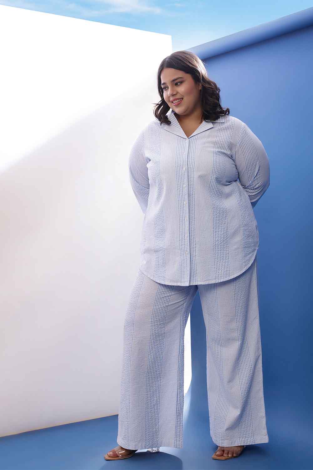 Plus Size Plus Size Light Blue Striped Cotton Shirt Coord Set