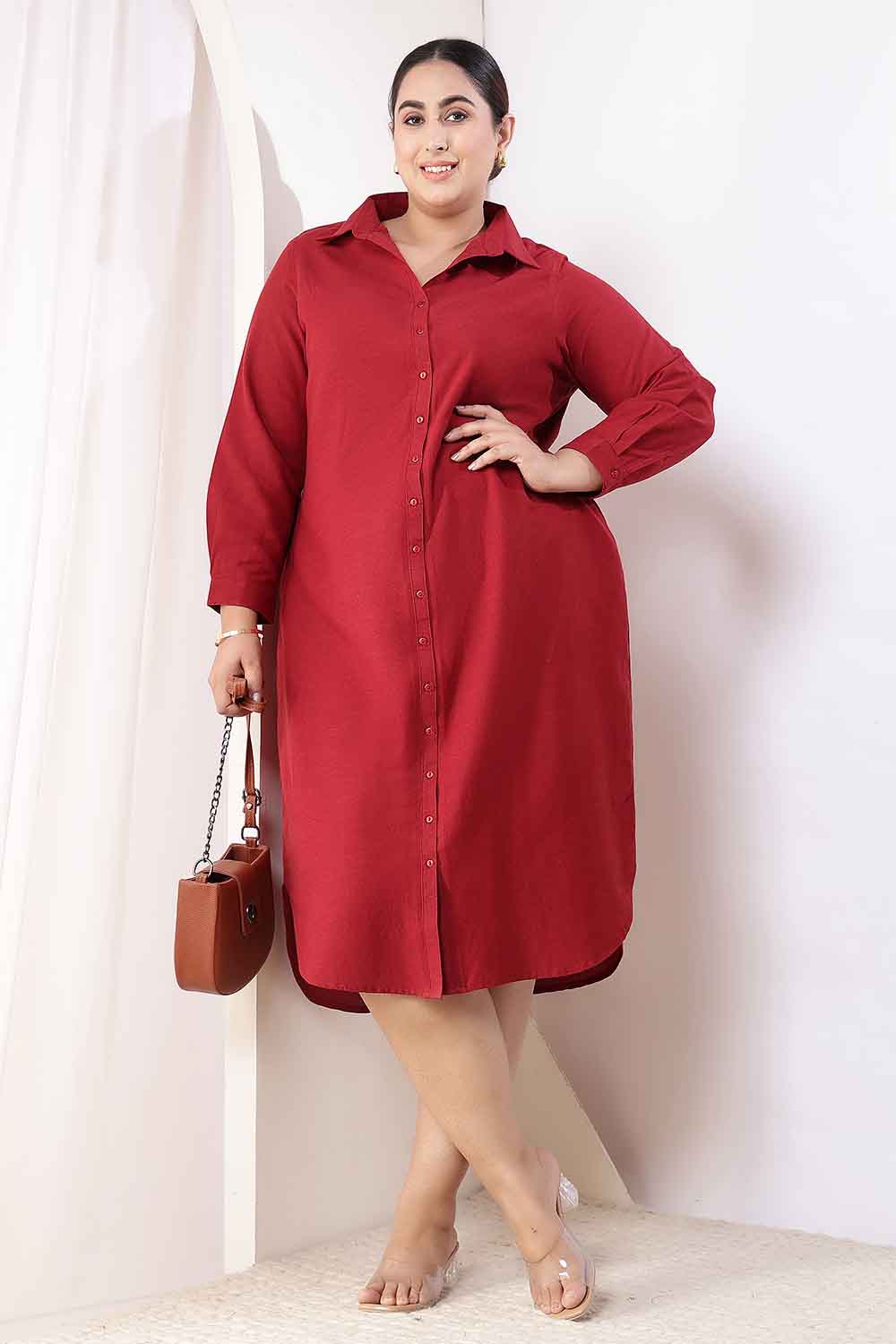 Plus Size Maroon Cotton Linen Shirt Dress