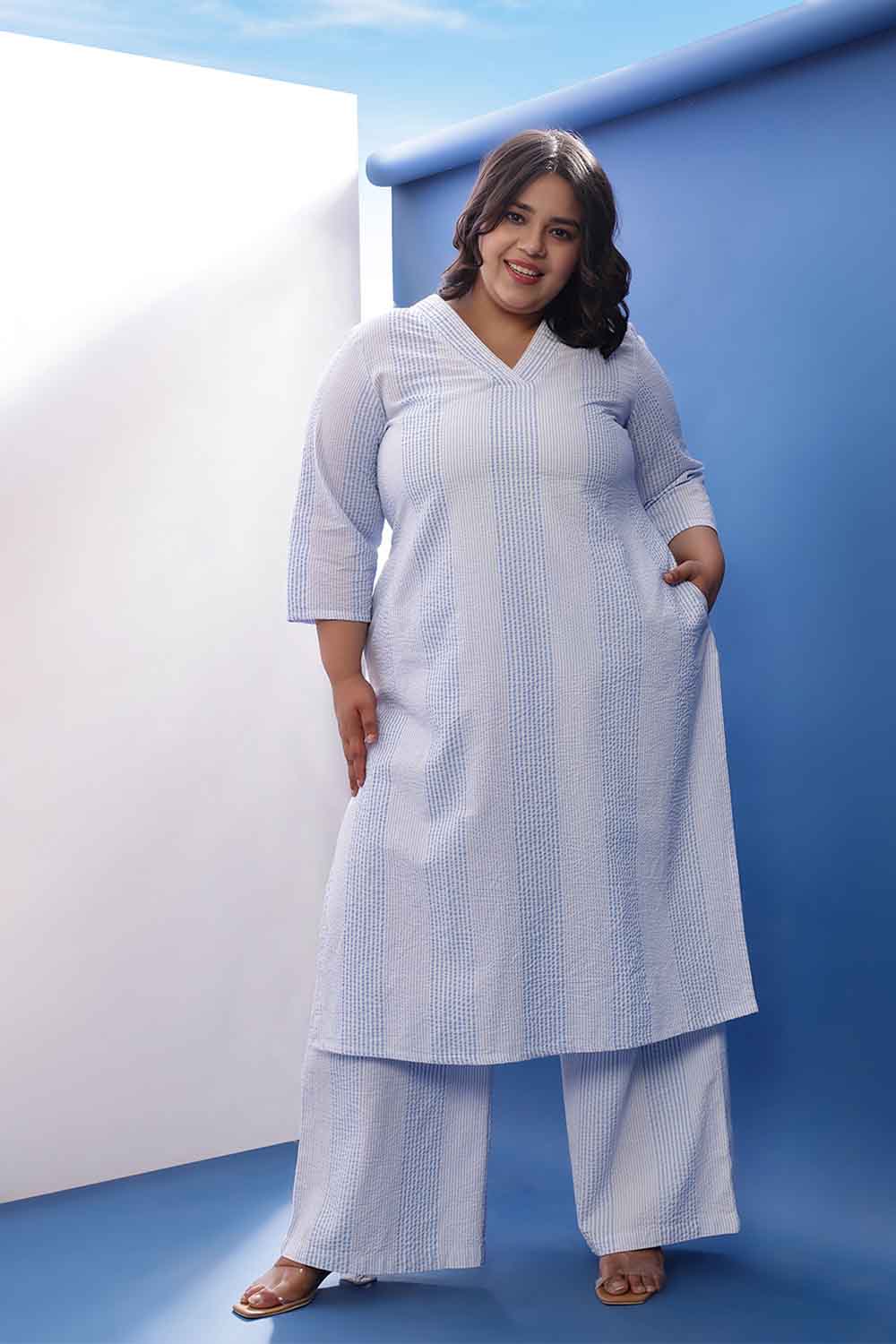 Plus Size Light Blue Striped V-Neck Cotton Kurta Coord Set