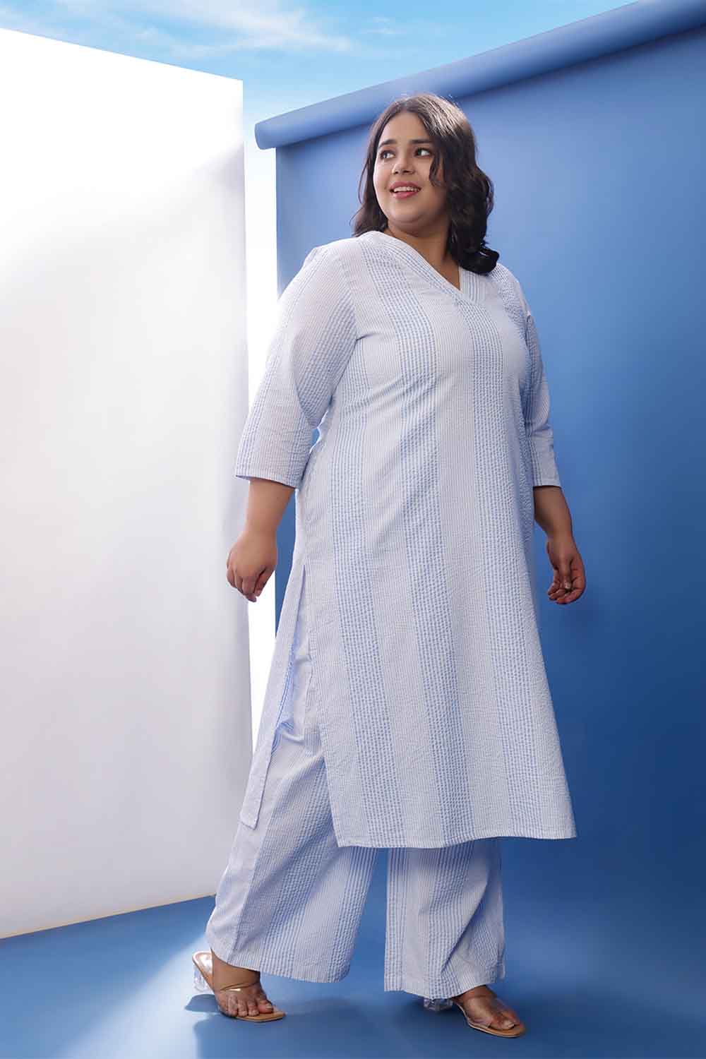 Plus Size Light Blue Striped V-Neck Cotton Kurta Coord Set
