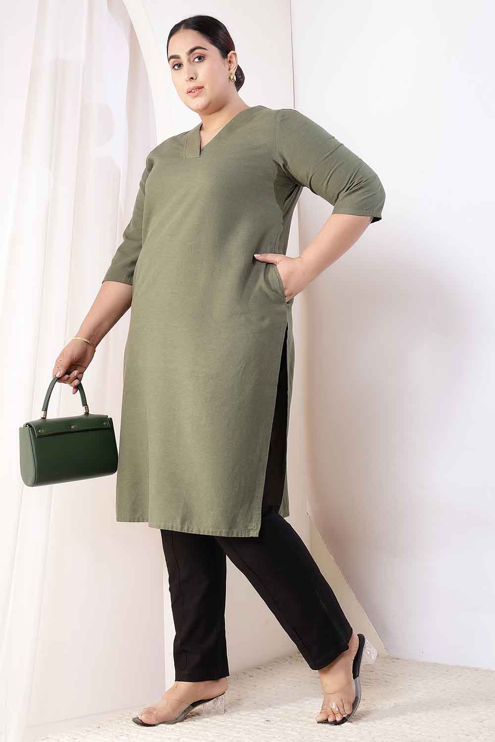 Plus Size Olive Green V-Neck Cotton Linen V Neck Kurta