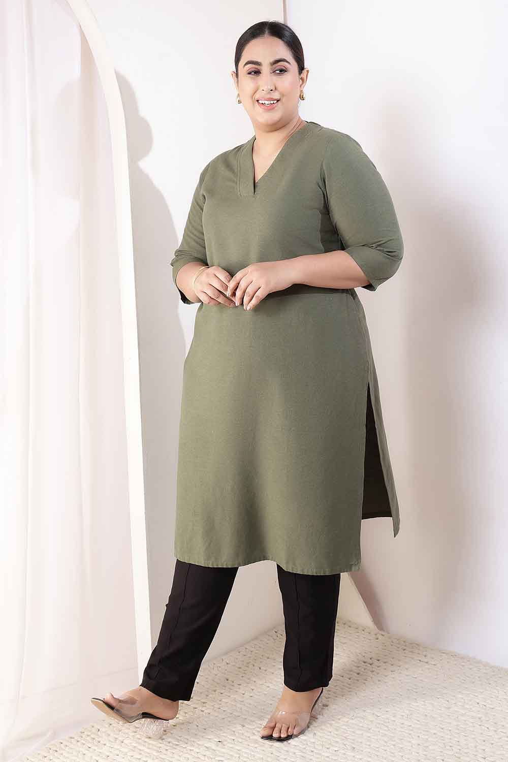 Plus Size Olive Green V-Neck Cotton Linen V Neck Kurta