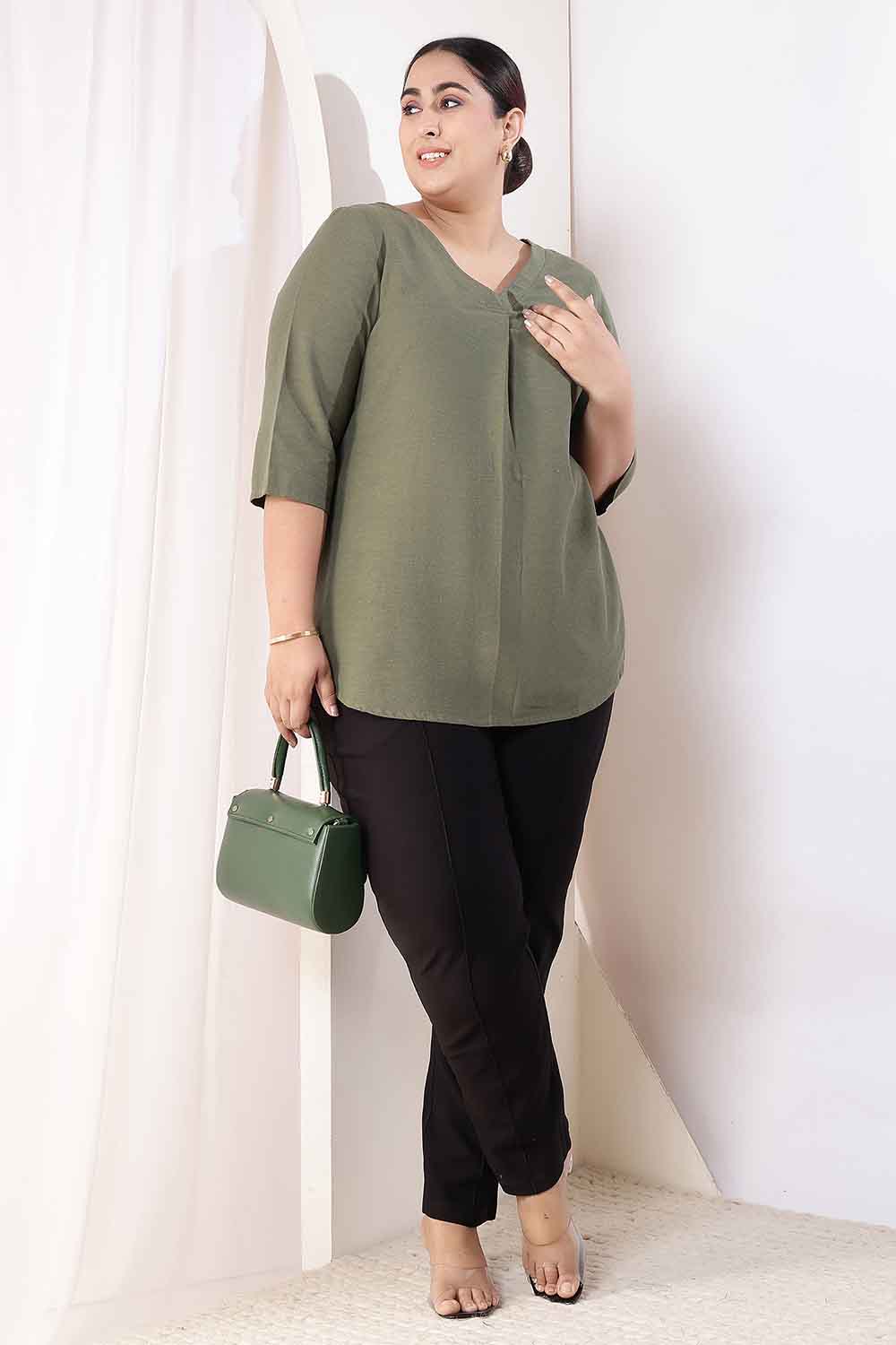 Plus Size Olive Green V-Neck Cotton Linen Top