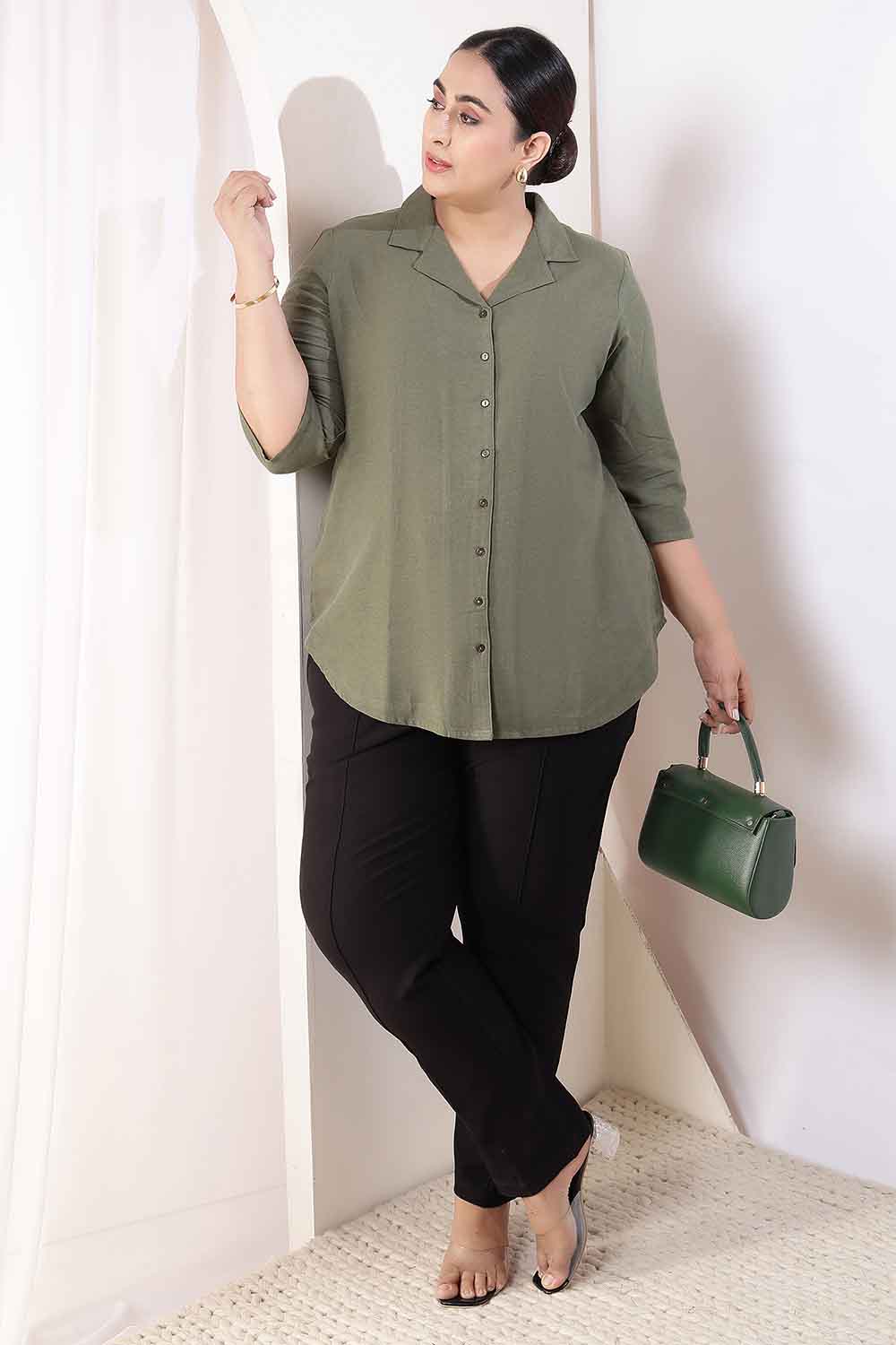 Plus Size Olive Green Cotton Linen Cuban Collar Shirt