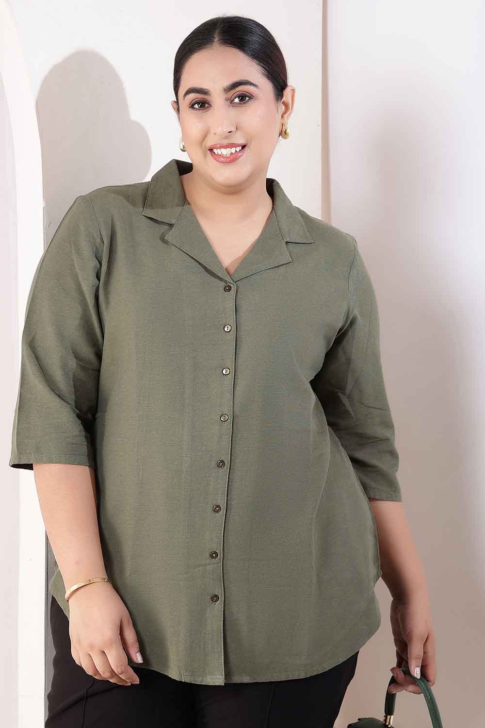 Plus Size Olive Green Cotton Linen Cuban Collar Shirt