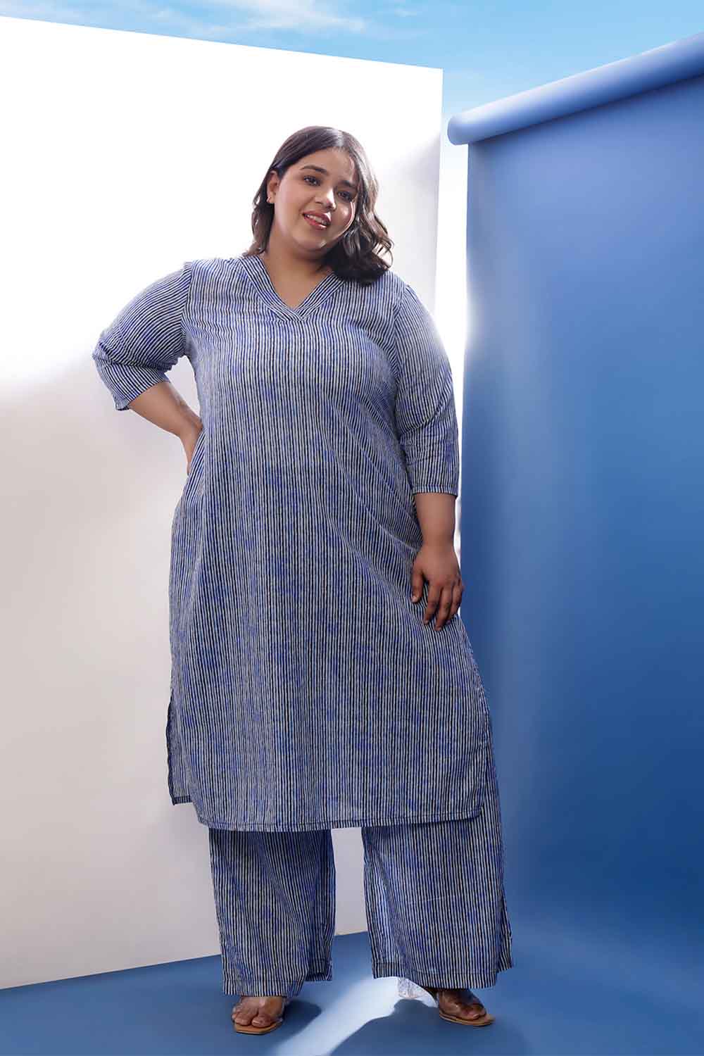 Plus Size Indigo Striped V Neck Cotton Kurta Coord Set