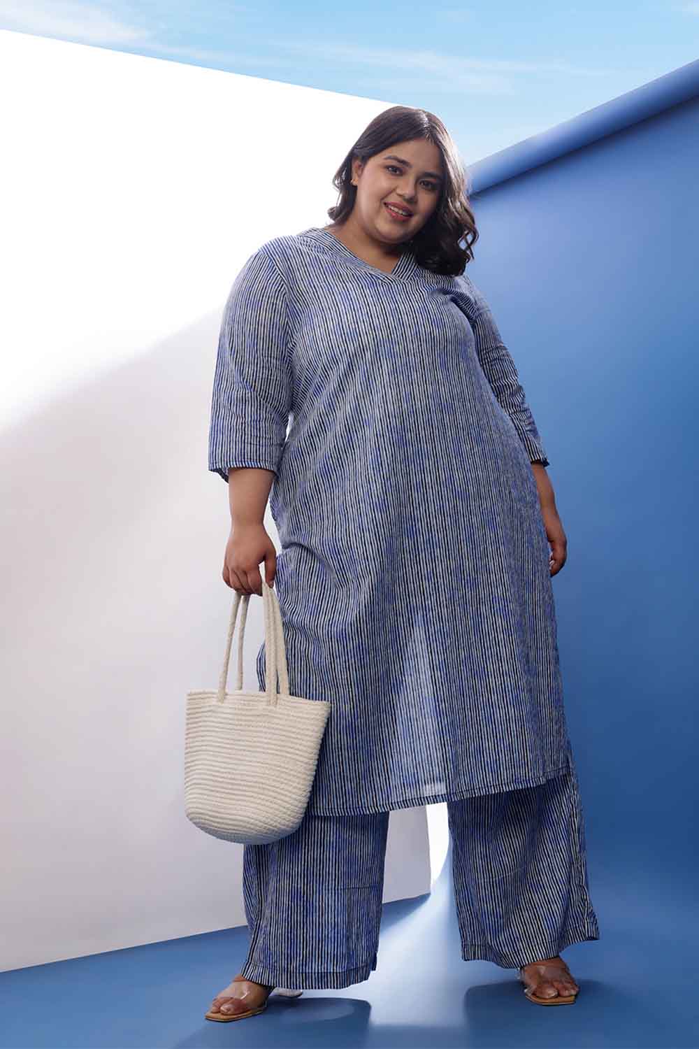 Plus Size Indigo Striped V Neck Cotton Kurta Coord Set