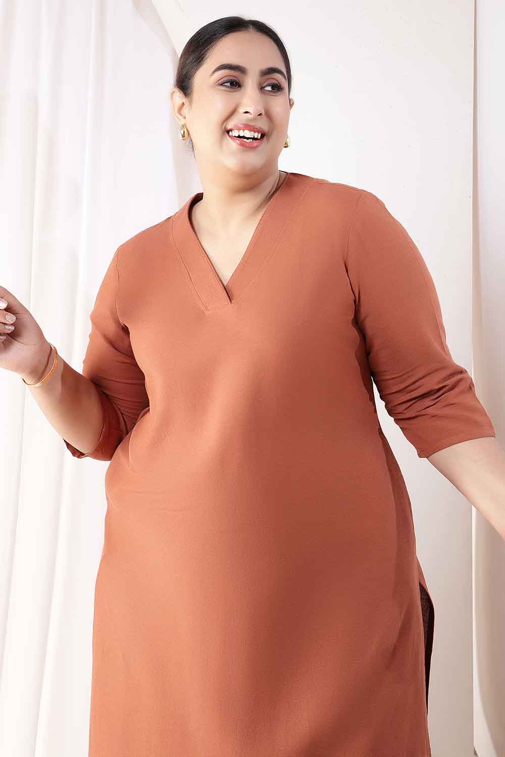 Plus Size  Mocha Brown V-Neck Cotton Linen V Neck Kurta