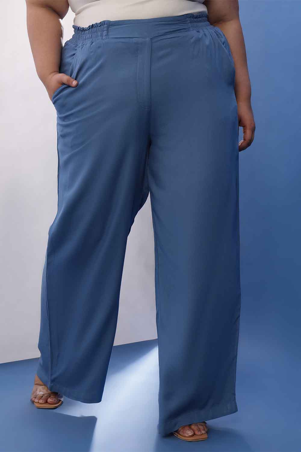 Plus Size Blue Rayon Twill High Waist Pant