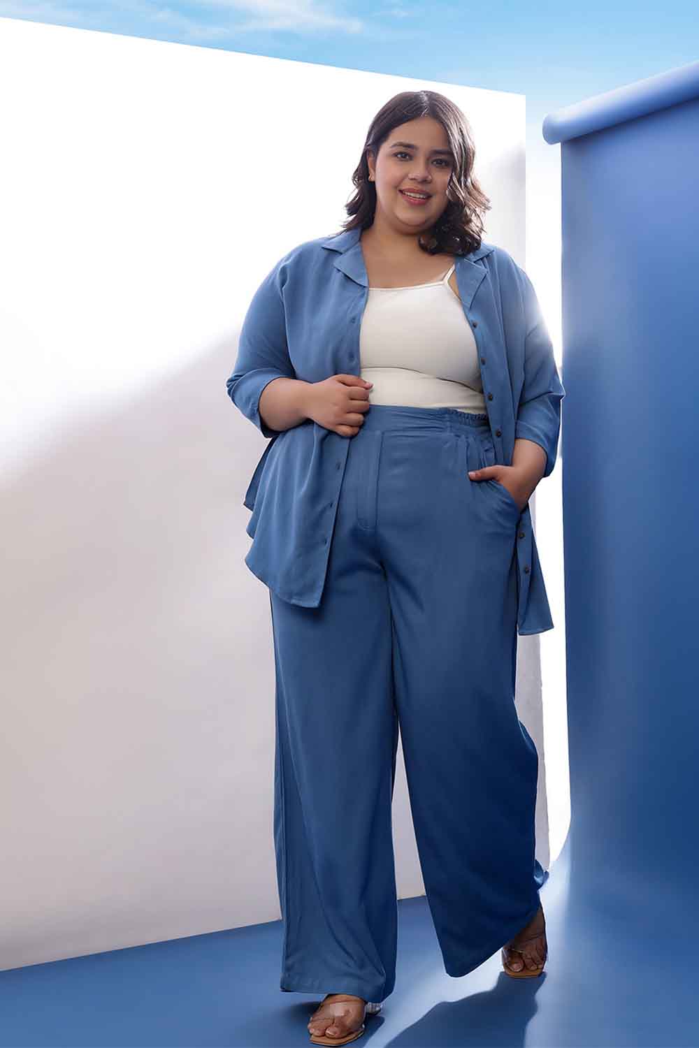 Plus Size Blue Rayon Twill Shirt Coord Set