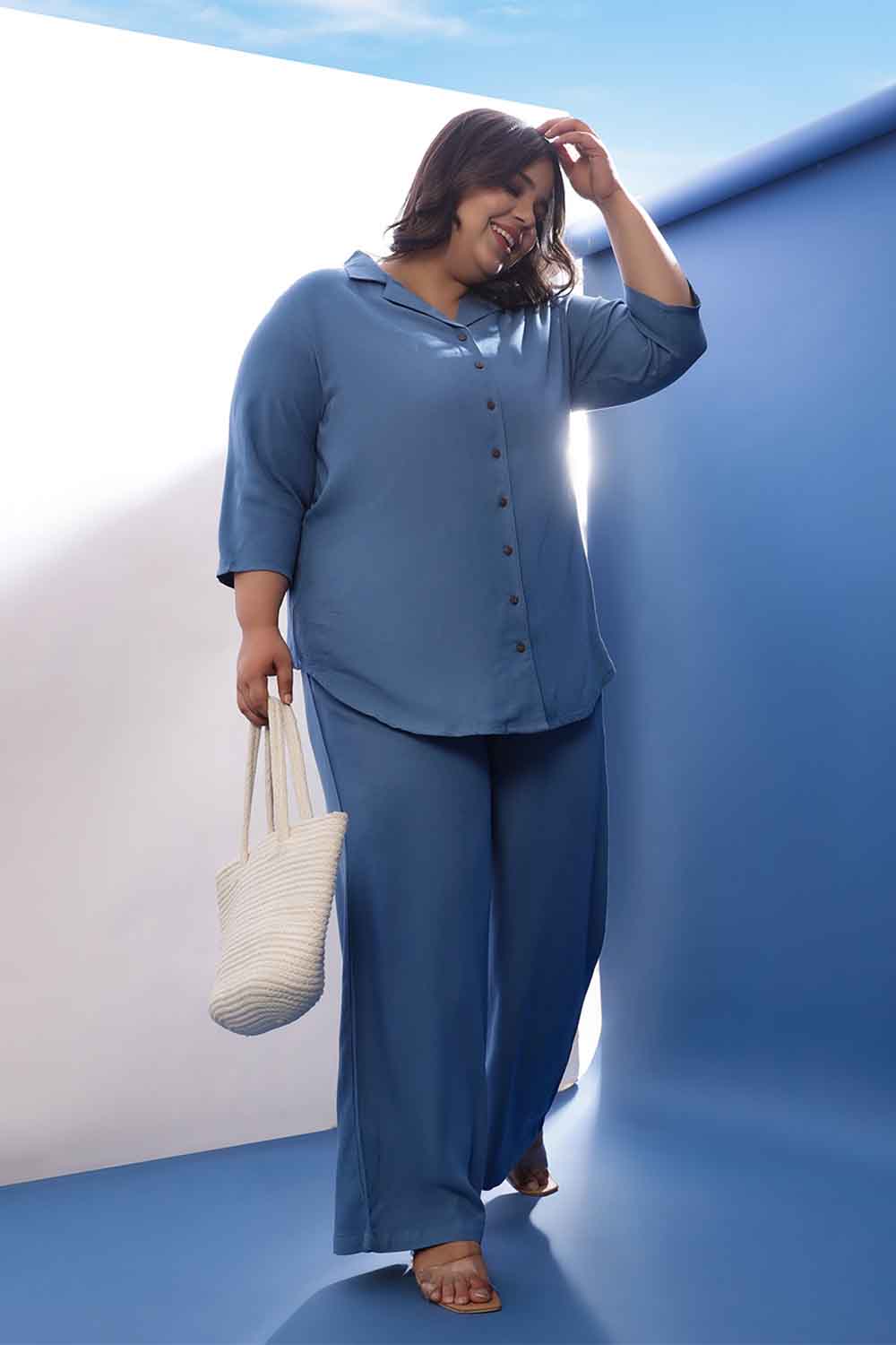 Plus Size Blue Rayon Twill Shirt Coord Set