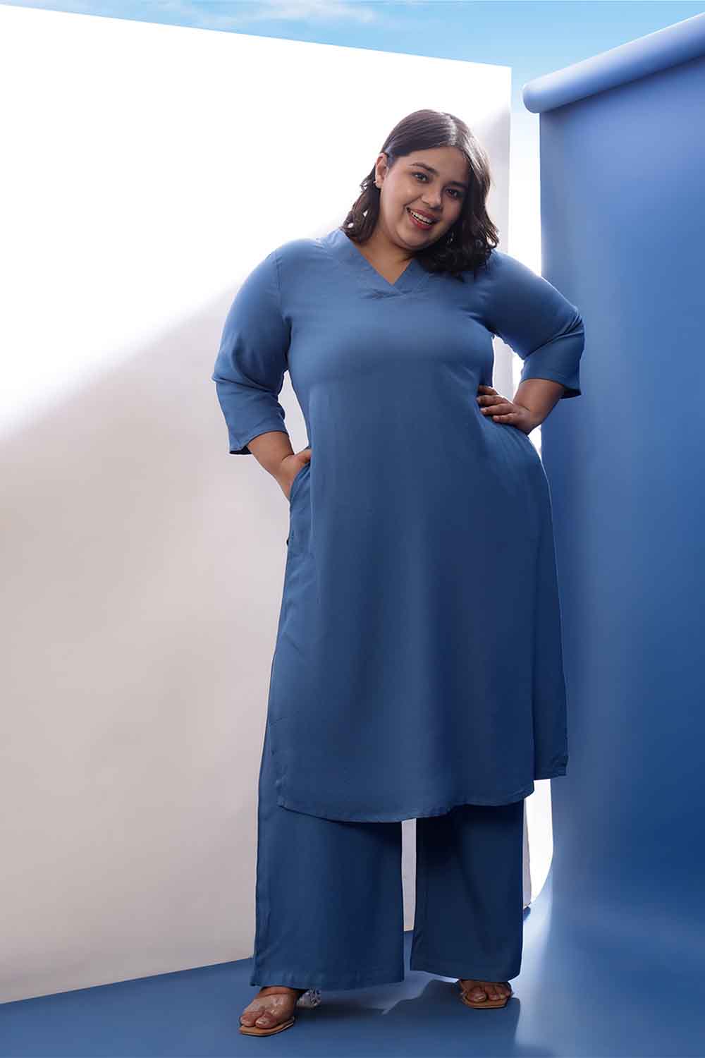 Plus Size Blue Rayon Twill V Neck Kurta Coord Set