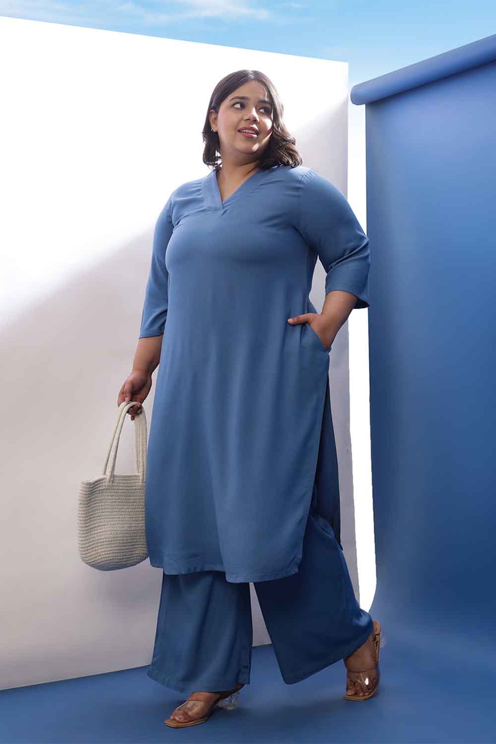 Plus Size Blue Rayon Twill V Neck Kurta Coord Set