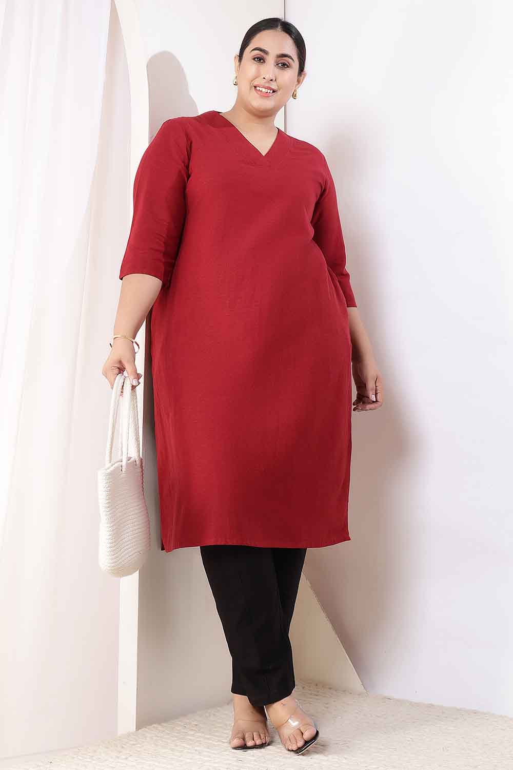 Plus Size Maroon V-Neck Cotton Linen V Neck Kurta